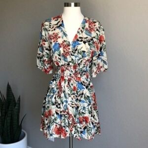 Zara Cream Floral Mini Dress with Blue and Red Accents